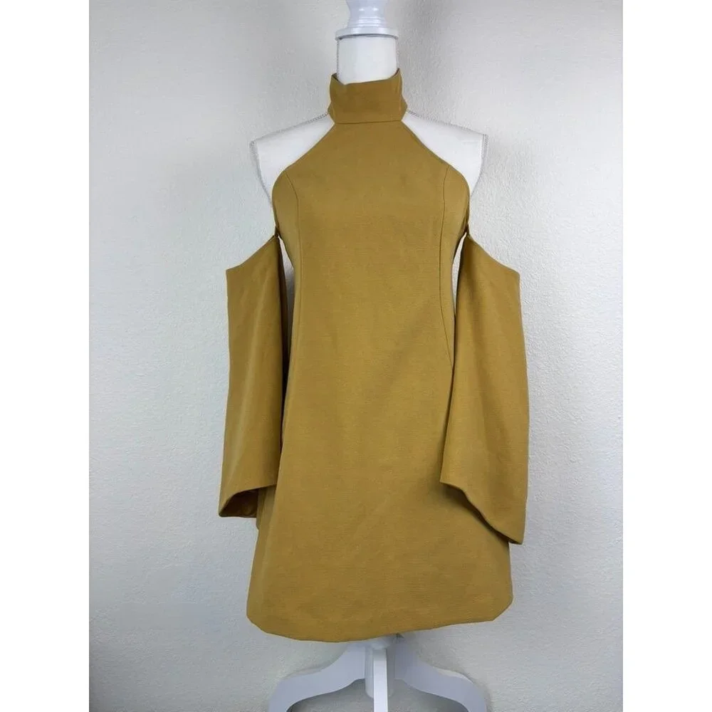 C/MEO Collective women's XS mustard halter flare sleeve cold shoulder mini dress